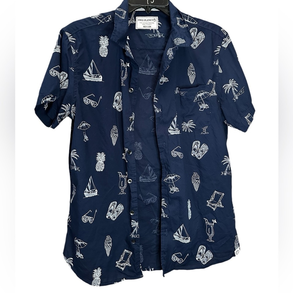Free Planet Button Up‎ Shirt White Saliboats Palm Trees Mens Size Medium Casual
